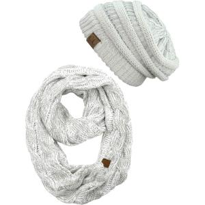 imageCC Unisex Soft Stretch Chunky Cable Knit Beanie and Infinity Loop Scarf SetIvorySilver Metallic