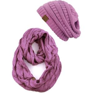 imageCC Unisex Soft Stretch Chunky Cable Knit Beanie and Infinity Loop Scarf SetLavender