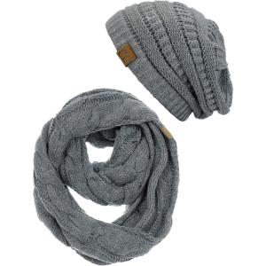 imageCC Unisex Soft Stretch Chunky Cable Knit Beanie and Infinity Loop Scarf SetLight Melange Gray