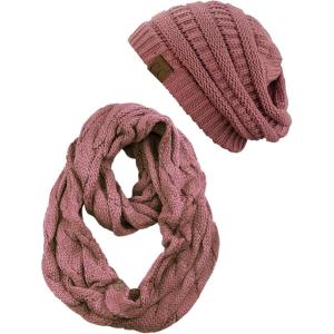 imageCC Unisex Soft Stretch Chunky Cable Knit Beanie and Infinity Loop Scarf SetMauve