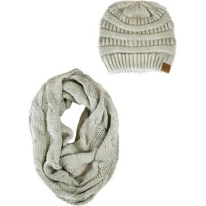 imageCC Unisex Soft Stretch Chunky Cable Knit Beanie and Infinity Loop Scarf SetMercury