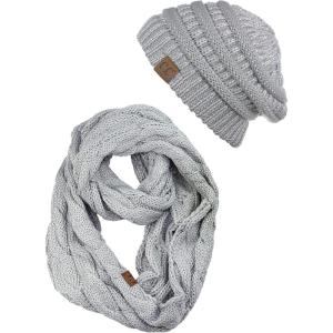 imageCC Unisex Soft Stretch Chunky Cable Knit Beanie and Infinity Loop Scarf SetMetallic Silver