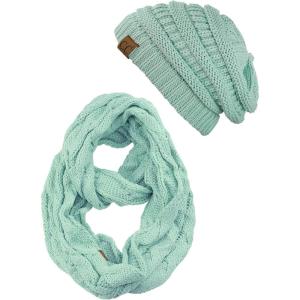 imageCC Unisex Soft Stretch Chunky Cable Knit Beanie and Infinity Loop Scarf SetMint