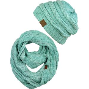 imageCC Unisex Soft Stretch Chunky Cable Knit Beanie and Infinity Loop Scarf SetMint Metallic