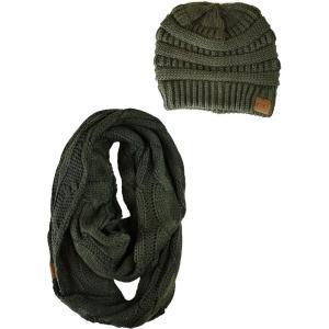 imageCC Unisex Soft Stretch Chunky Cable Knit Beanie and Infinity Loop Scarf SetMoss