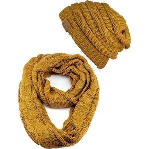imageCC Unisex Soft Stretch Chunky Cable Knit Beanie and Infinity Loop Scarf SetMustard