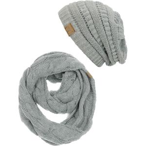imageCC Unisex Soft Stretch Chunky Cable Knit Beanie and Infinity Loop Scarf SetNatural Gray