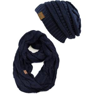 imageCC Unisex Soft Stretch Chunky Cable Knit Beanie and Infinity Loop Scarf SetNavy