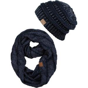imageCC Unisex Soft Stretch Chunky Cable Knit Beanie and Infinity Loop Scarf SetNavy Metallic
