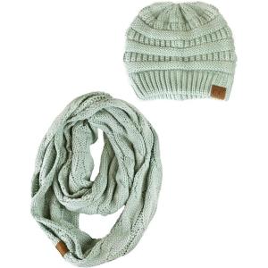 imageCC Unisex Soft Stretch Chunky Cable Knit Beanie and Infinity Loop Scarf SetPale Mint
