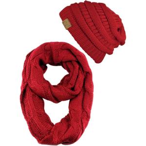 imageCC Unisex Soft Stretch Chunky Cable Knit Beanie and Infinity Loop Scarf SetRed