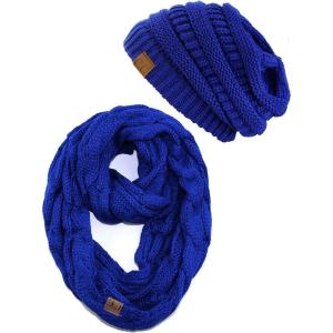 imageCC Unisex Soft Stretch Chunky Cable Knit Beanie and Infinity Loop Scarf SetRoyal