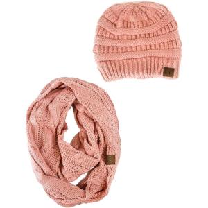 imageCC Unisex Soft Stretch Chunky Cable Knit Beanie and Infinity Loop Scarf SetSalmon