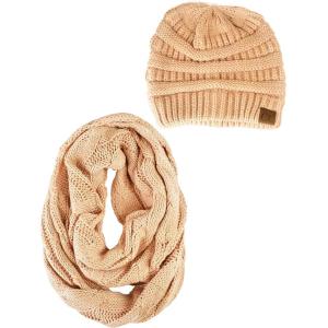 imageCC Unisex Soft Stretch Chunky Cable Knit Beanie and Infinity Loop Scarf SetSand