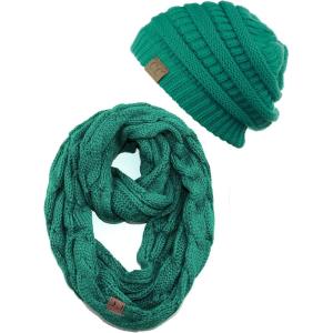 imageCC Unisex Soft Stretch Chunky Cable Knit Beanie and Infinity Loop Scarf SetSea Green