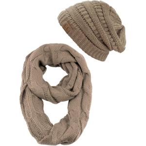 imageCC Unisex Soft Stretch Chunky Cable Knit Beanie and Infinity Loop Scarf SetTaupe