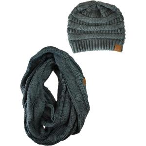imageCC Unisex Soft Stretch Chunky Cable Knit Beanie and Infinity Loop Scarf SetTeal Grey