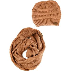 imageCC Unisex Soft Stretch Chunky Cable Knit Beanie and Infinity Loop Scarf SetToast Almond