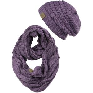 imageCC Unisex Soft Stretch Chunky Cable Knit Beanie and Infinity Loop Scarf SetViolet