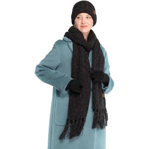 imageCC Unisex Soft Stretch Confetti Boucle Yarn Knit Beanie and Matching Fringe Scarf SetBlack