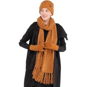 imageCC Unisex Soft Stretch Confetti Boucle Yarn Knit Beanie and Matching Fringe Scarf SetGolden Camel