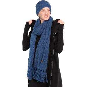 imageCC Unisex Soft Stretch Confetti Boucle Yarn Knit Beanie and Matching Fringe Scarf SetNavy Peony