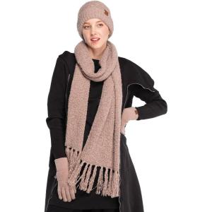 imageCC Unisex Soft Stretch Confetti Boucle Yarn Knit Beanie and Matching Fringe Scarf SetTaupe