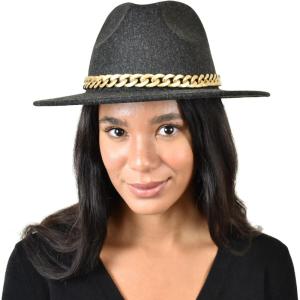 imageCC Wide Brim Wool Fabric Panama Fedora Hat with Chain AccentHeather Black