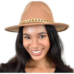 imageCC Wide Brim Wool Fabric Panama Fedora Hat with Chain AccentHeather Camel