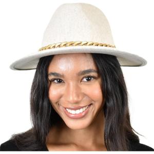 imageCC Wide Brim Wool Fabric Panama Fedora Hat with Chain AccentHeather Oatmeal