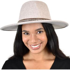 imageCC Wide Brim Wool Fabric Panama Fedora Hat with Faux Leather Band AccentHeather Beige
