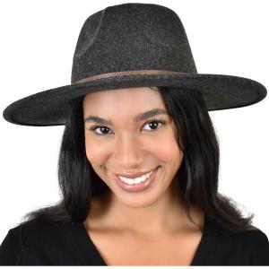 imageCC Wide Brim Wool Fabric Panama Fedora Hat with Faux Leather Band AccentHeather Black