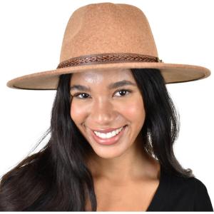 imageCC Wide Brim Wool Fabric Panama Fedora Hat with Faux Leather Band AccentHeather Camel