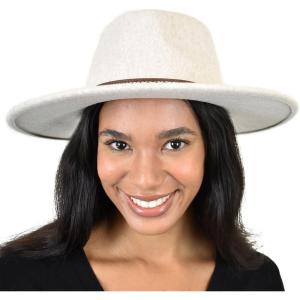 imageCC Wide Brim Wool Fabric Panama Fedora Hat with Faux Leather Band AccentHeather Oatmeal