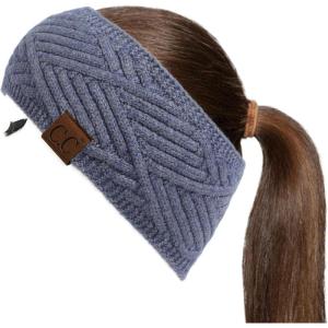 imageCC Winter Fuzzy Fleece Lined Thick Knitted Diagonal Stripes CrissCross Pattern Headband Headwrap HW2060A Snuggly Soft Yarm  Denim