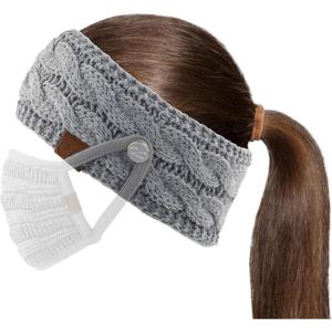 imageCC Winter Fuzzy Fleece Lined Thick Knitted Diagonal Stripes CrissCross Pattern Headband Headwrap HW2060A button Lt mel Grey