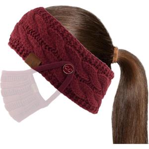 imageCC Winter Fuzzy Fleece Lined Thick Knitted Diagonal Stripes CrissCross Pattern Headband Headwrap HW2060A button Maroon