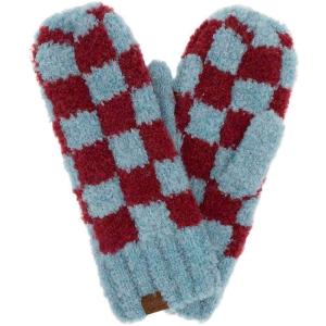 imageCC Winter Warm EcoFriendly Recycled Yarn MittensCheckered TealBurgundy