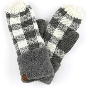 imageCC Winter Warm Knit Soft Fuzzy Lined Cuff Mittens GlovesCheckered Dark Melange GrayWhite