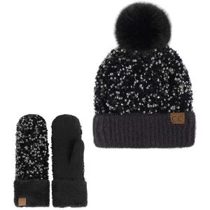 imageCC Women Fuzzy Lined Sequin Fur Pom Beanie ampamp Mitten SetSequin Black
