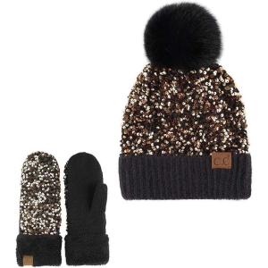 imageCC Women Fuzzy Lined Sequin Fur Pom Beanie ampamp Mitten SetSequin Gold