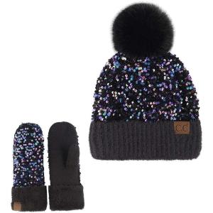imageCC Women Fuzzy Lined Sequin Fur Pom Beanie ampamp Mitten SetSequin PurpleBlack