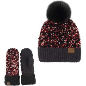 imageCC Women Fuzzy Lined Sequin Fur Pom Beanie ampamp Mitten SetSequin RedBlack
