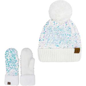 imageCC Women Fuzzy Lined Sequin Fur Pom Beanie ampamp Mitten SetSequin White