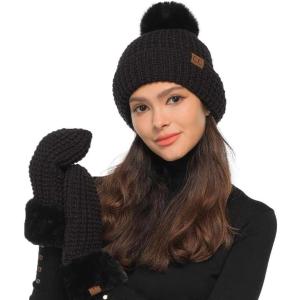 imageCC Women Waffle Knit Fuzzy Sherpa Lined Pom Beanie ampamp Mitten Winter Gloves SetBlack
