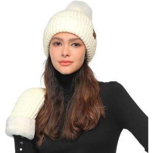 imageCC Women Waffle Knit Fuzzy Sherpa Lined Pom Beanie ampamp Mitten Winter Gloves SetIvory