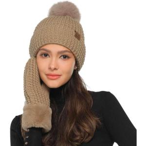imageCC Women Waffle Knit Fuzzy Sherpa Lined Pom Beanie ampamp Mitten Winter Gloves SetMocha
