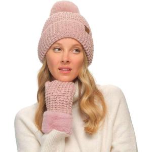 imageCC Women Waffle Knit Fuzzy Sherpa Lined Pom Beanie ampamp Mitten Winter Gloves SetRose