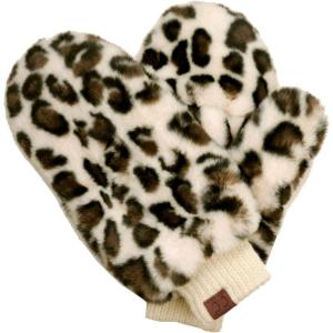 imageCC Womens Faux Fur Wrist Length Fingerless Sherpa Lined Convertible Mittens GlovesLeopard Print  Beige