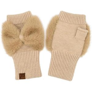imageCC Womens Warm Knit Fingerless Half Finger Fleece Lined Winter GlovesBow  Camel